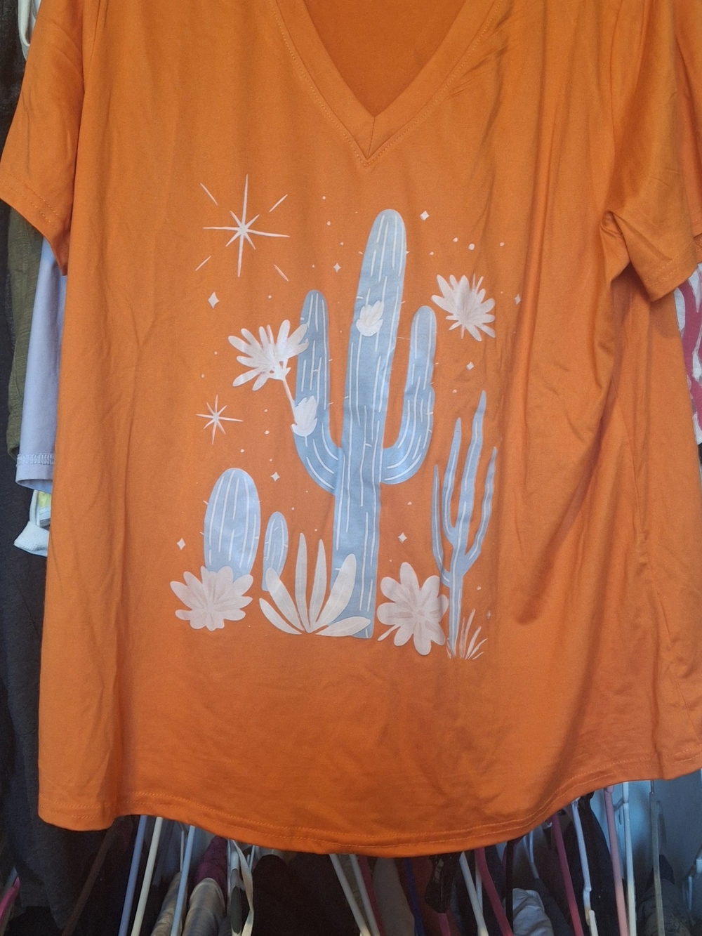 Women's Orange V-Neck Tee with Blue Cactus Graphic